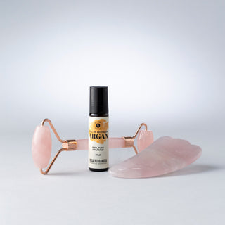 Rodillo Facial Cuarzo Rosa + Piedra Gua Sha + Roll On Argán de REGALO